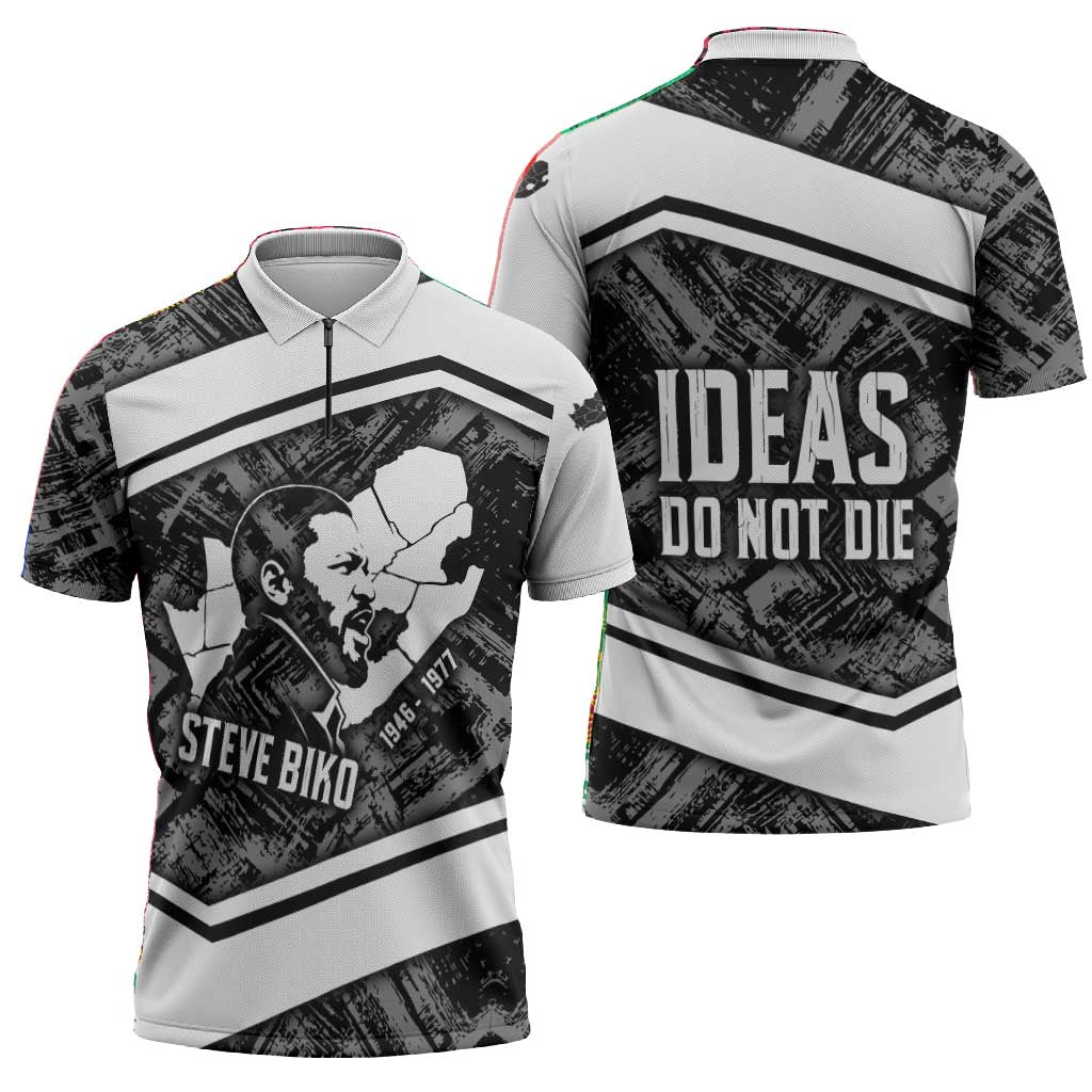 Steve Biko Zipper Polo Shirt with Monochrome Portrait, Ideas Do Not Die Quote - Wonder Print Shop