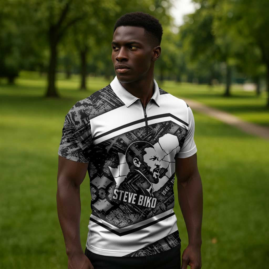 Steve Biko Zipper Polo Shirt with Monochrome Portrait, Ideas Do Not Die Quote - Wonder Print Shop