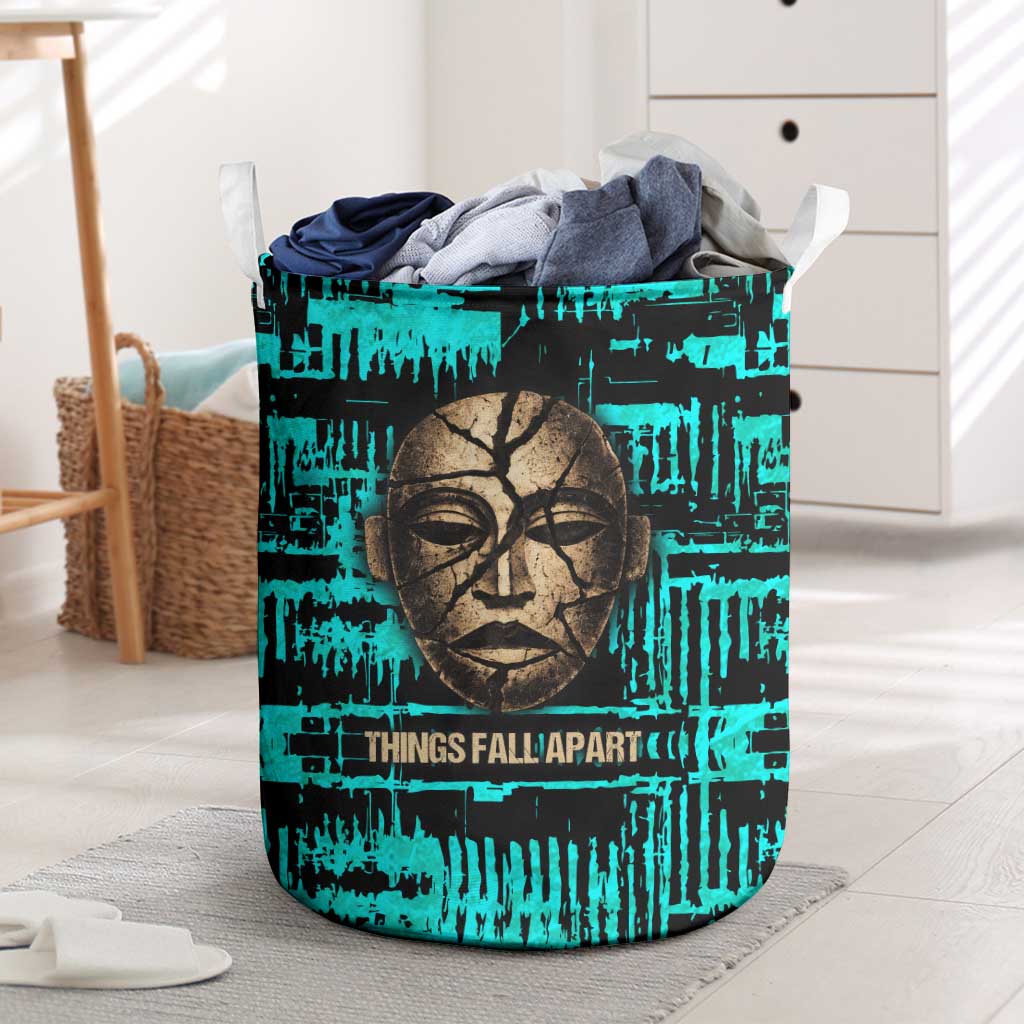 Chinua Achebe Laundry Basket with Tribal Mask Design, Things Fall Apart Quote and Teal Abstract - Wonder Print Shop
