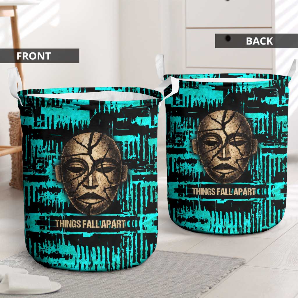Chinua Achebe Laundry Basket with Tribal Mask Design, Things Fall Apart Quote and Teal Abstract - Wonder Print Shop