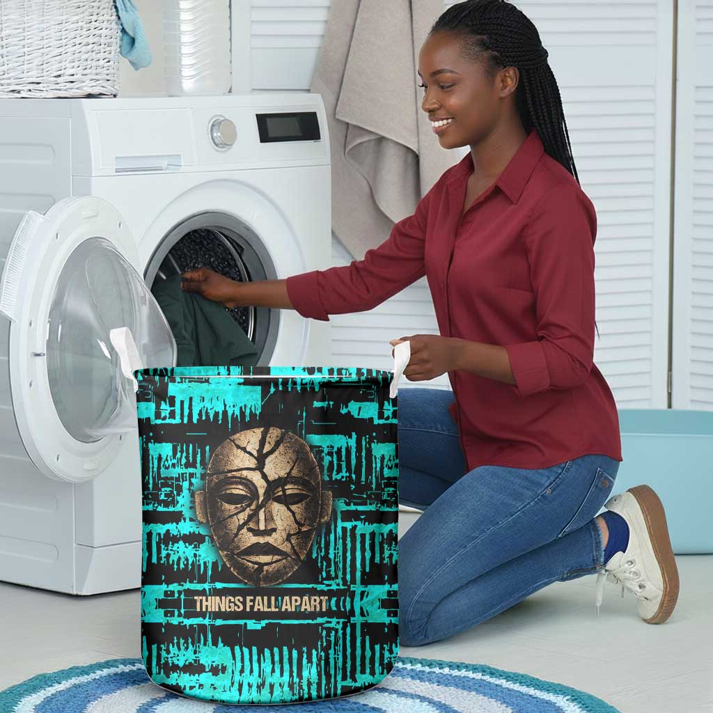 Chinua Achebe Laundry Basket with Tribal Mask Design, Things Fall Apart Quote and Teal Abstract - Wonder Print Shop