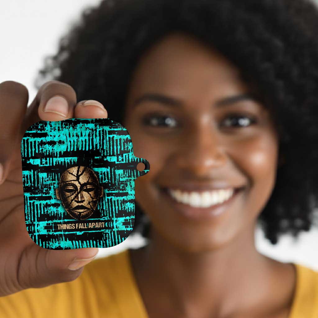 Chinua Achebe AirPods Case with Tribal Mask Design, Things Fall Apart Quote and Teal Abstract - Wonder Print Shop