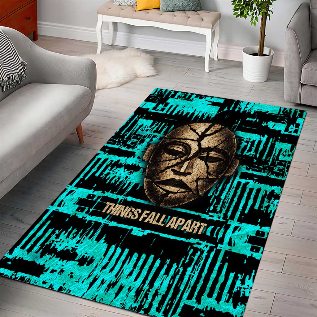 Chinua Achebe Area Rug with Tribal Mask Design, Things Fall Apart Quote and Teal Abstract - Wonder Print Shop