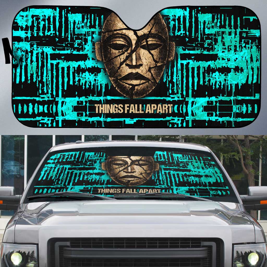Chinua Achebe Auto Sun Shade with Tribal Mask Design, Things Fall Apart Quote and Teal Abstract - Wonder Print Shop