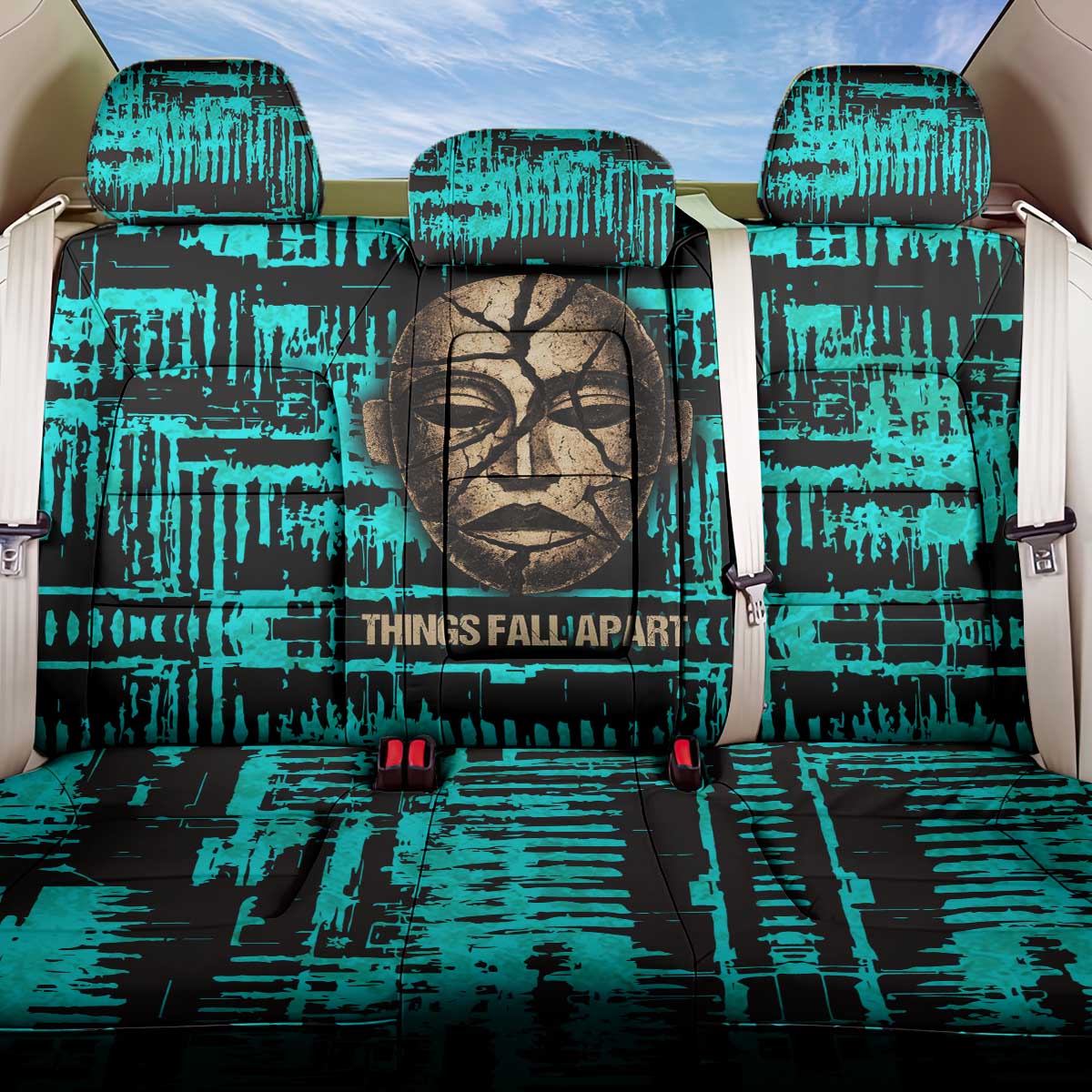 Chinua Achebe Back Car Seat Cover with Tribal Mask Design, Things Fall Apart Quote and Teal Abstract - Wonder Print Shop