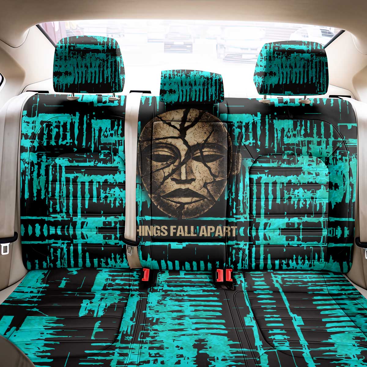 Chinua Achebe Back Car Seat Cover with Tribal Mask Design, Things Fall Apart Quote and Teal Abstract - Wonder Print Shop