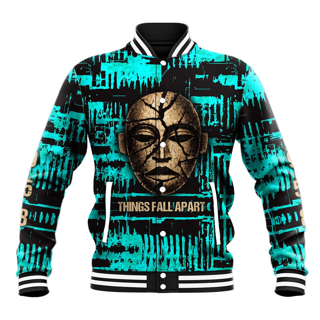 Chinua Achebe Baseball Jacket with Tribal Mask Design, Things Fall Apart Quote and Teal Abstract - Wonder Print Shop