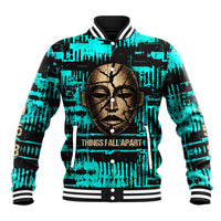 Chinua Achebe Baseball Jacket with Tribal Mask Design, Things Fall Apart Quote and Teal Abstract - Wonder Print Shop
