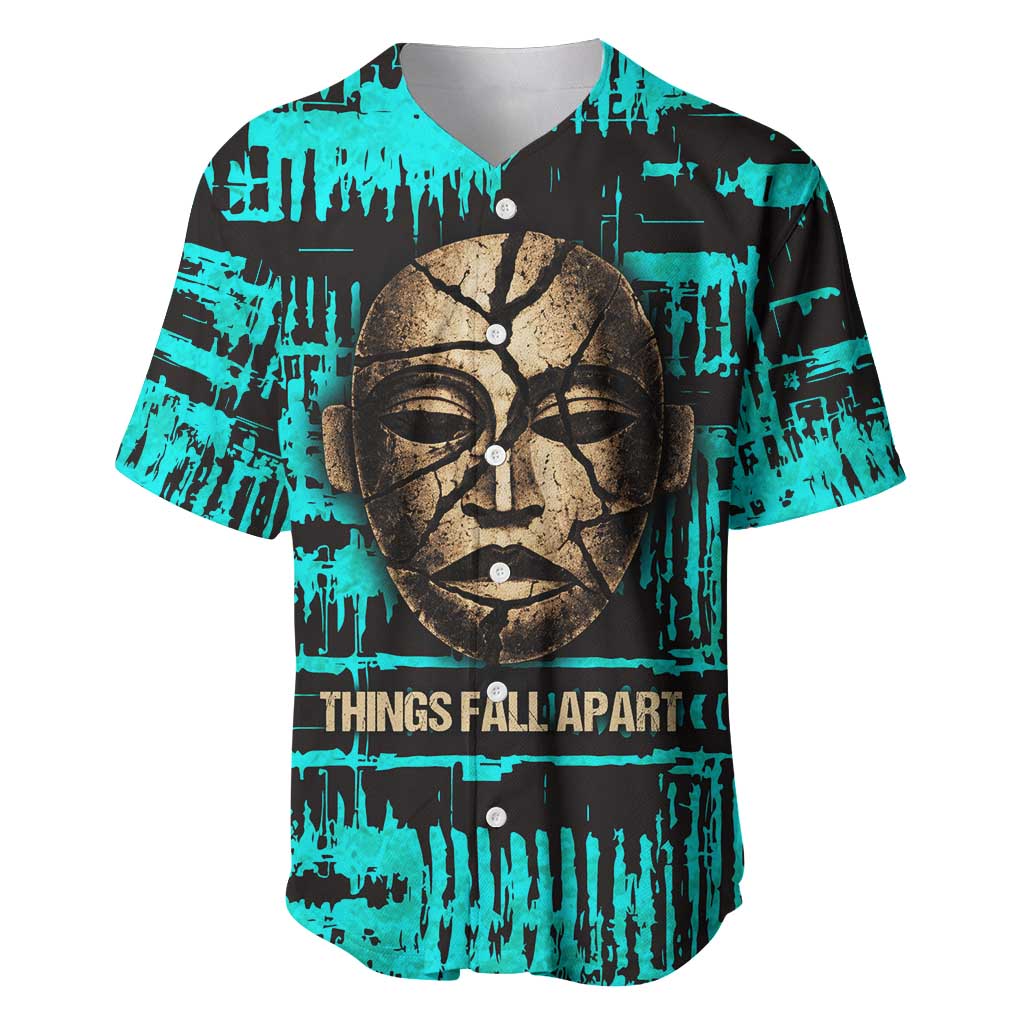 Chinua Achebe Baseball Jersey with Tribal Mask Design, Things Fall Apart Quote and Teal Abstract - Wonder Print Shop