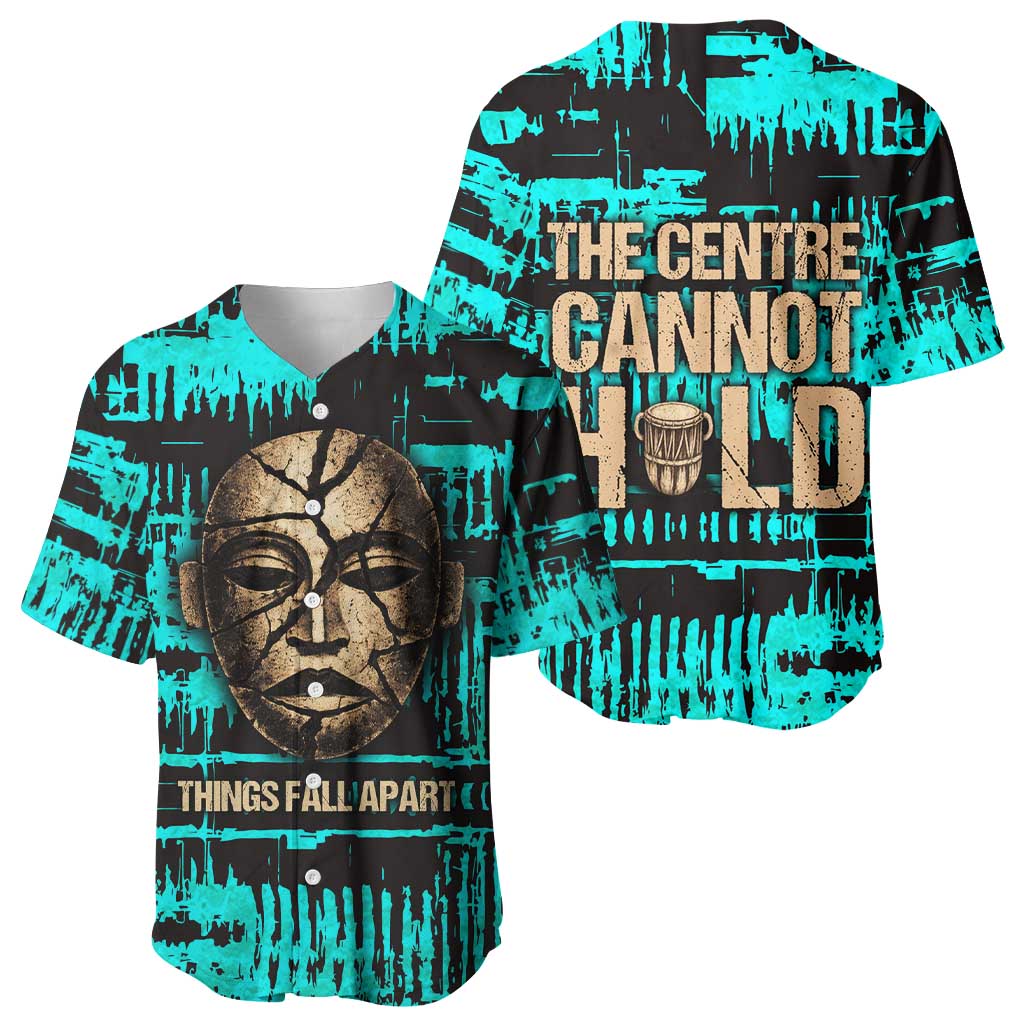 Chinua Achebe Baseball Jersey with Tribal Mask Design, Things Fall Apart Quote and Teal Abstract - Wonder Print Shop