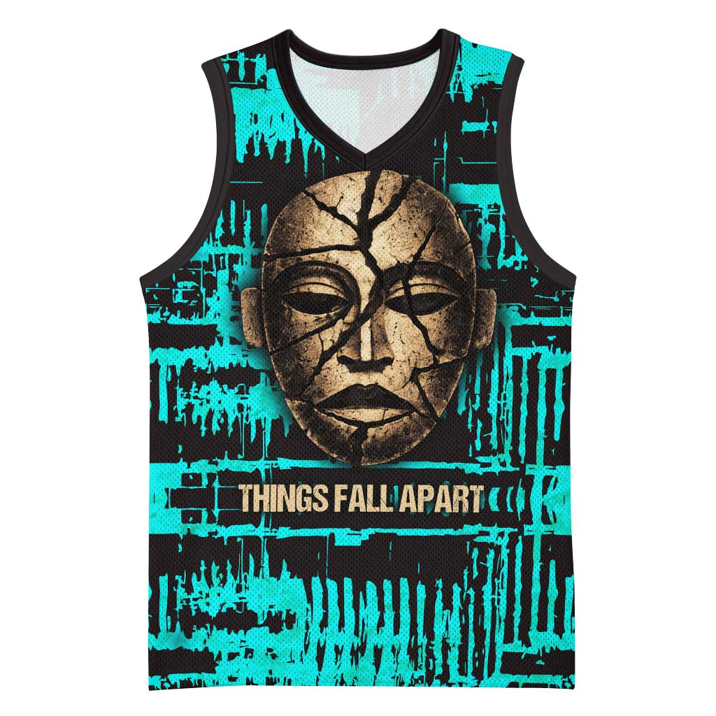 Chinua Achebe Basketball Jersey with Tribal Mask Design, Things Fall Apart Quote and Teal Abstract - Wonder Print Shop