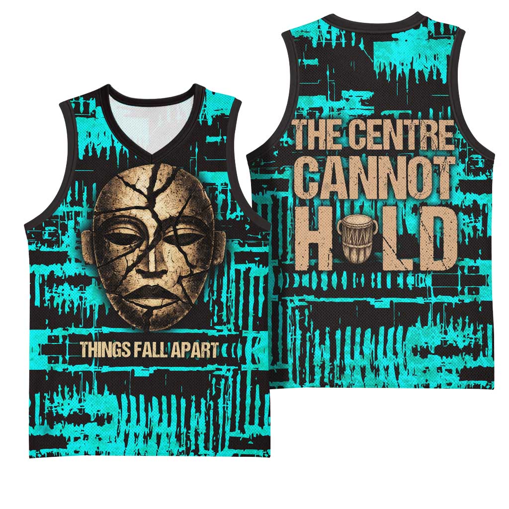 Chinua Achebe Basketball Jersey with Tribal Mask Design, Things Fall Apart Quote and Teal Abstract - Wonder Print Shop