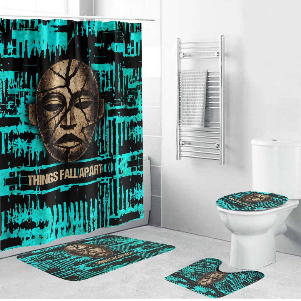 Chinua Achebe Bathroom Set with Tribal Mask Design, Things Fall Apart Quote and Teal Abstract - Wonder Print Shop