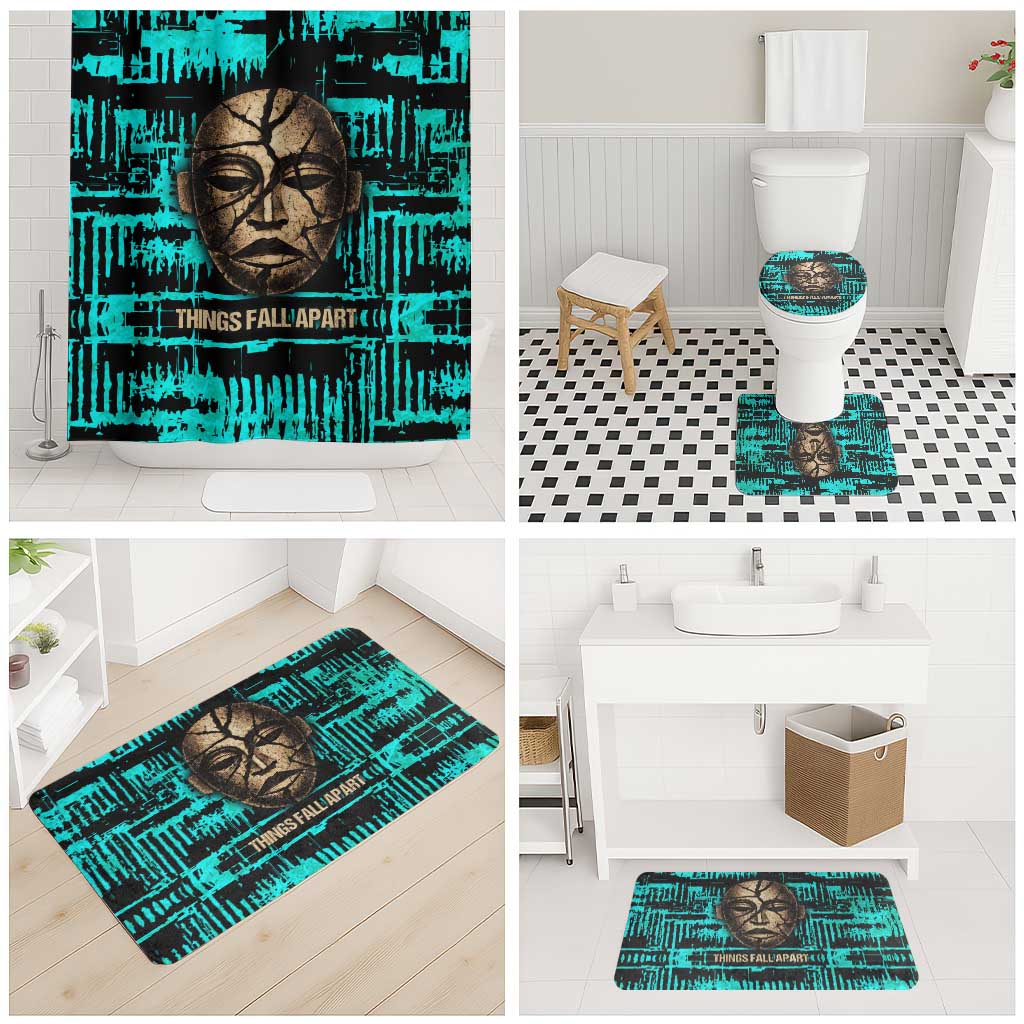 Chinua Achebe Bathroom Set with Tribal Mask Design, Things Fall Apart Quote and Teal Abstract - Wonder Print Shop