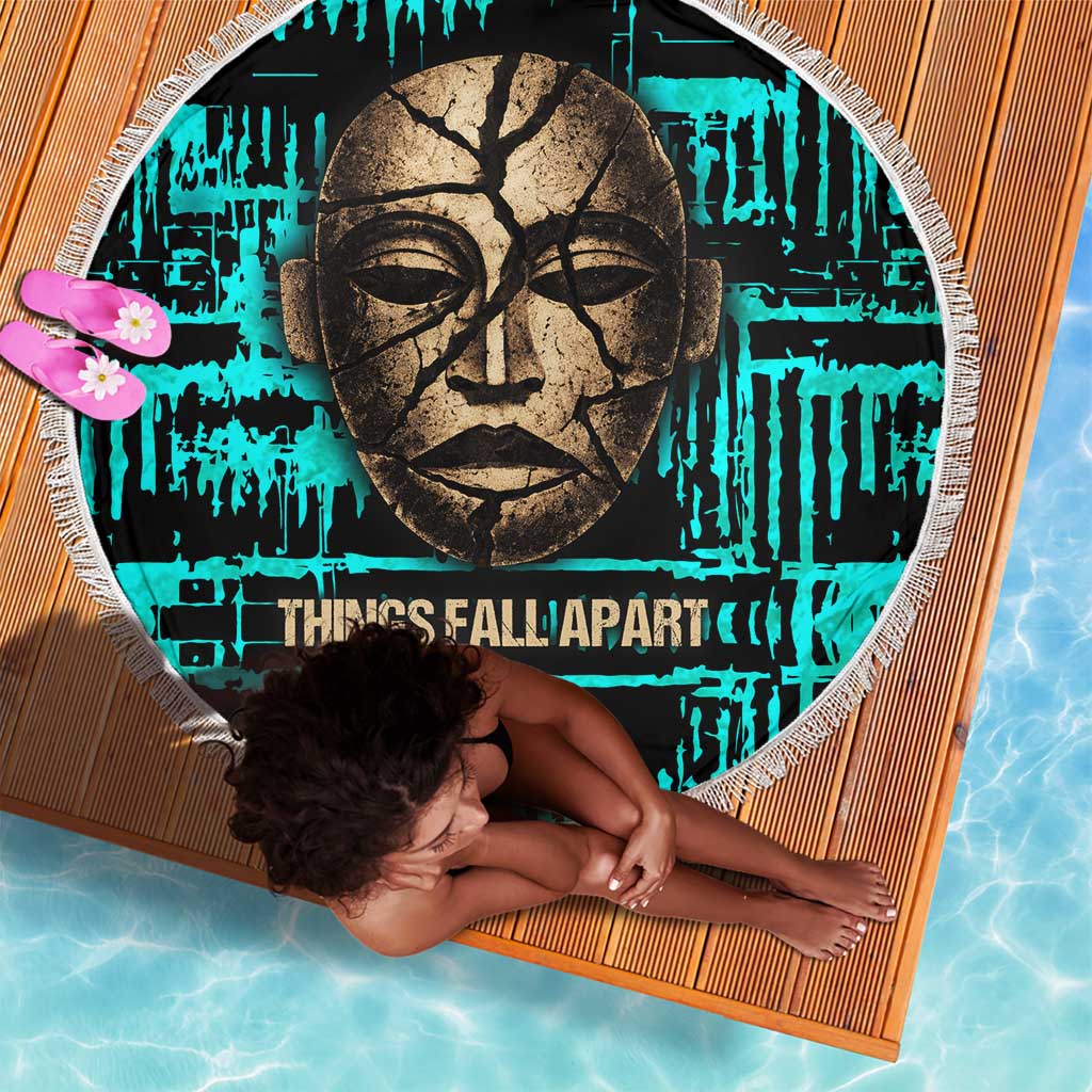 Chinua Achebe Beach Blanket with Tribal Mask Design, Things Fall Apart Quote and Teal Abstract - Wonder Print Shop