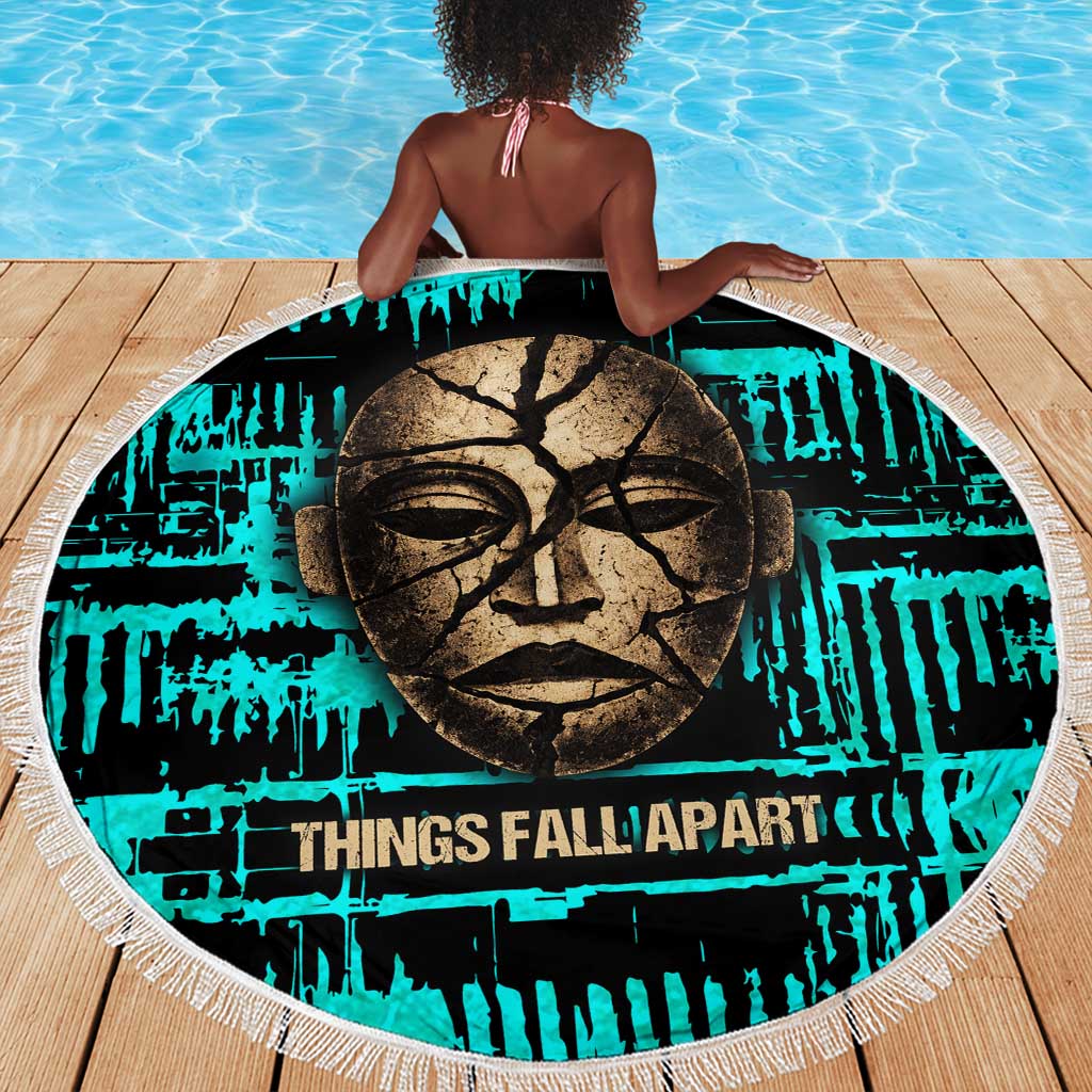 Chinua Achebe Beach Blanket with Tribal Mask Design, Things Fall Apart Quote and Teal Abstract - Wonder Print Shop