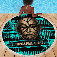 Chinua Achebe Beach Blanket with Tribal Mask Design, Things Fall Apart Quote and Teal Abstract - Wonder Print Shop