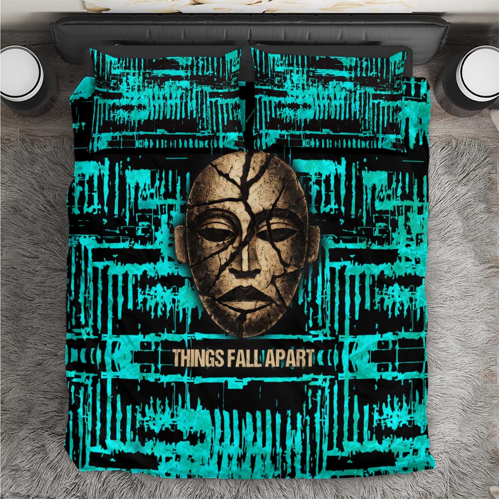 Chinua Achebe Bedding Set with Tribal Mask Design, Things Fall Apart Quote and Teal Abstract - Wonder Print Shop