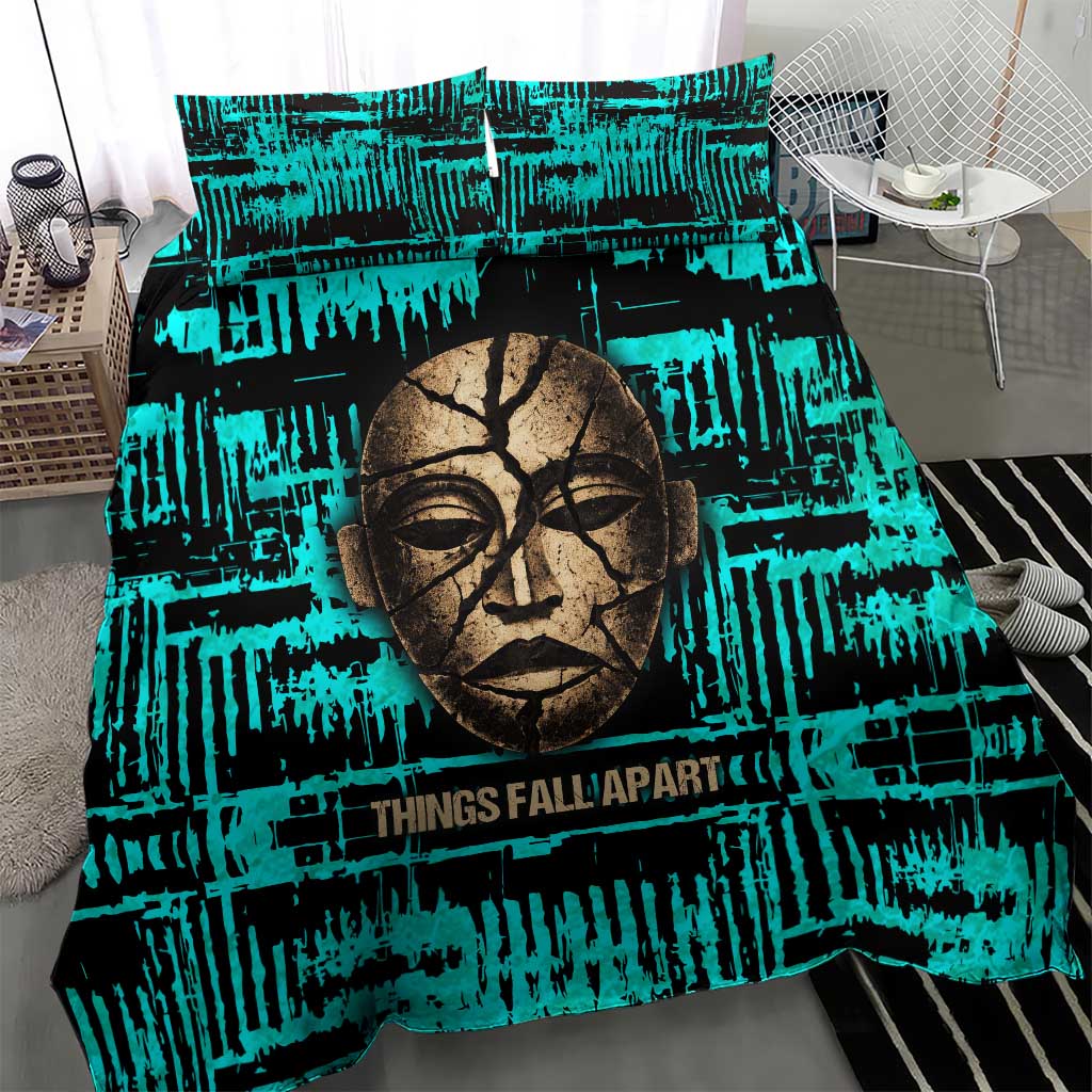 Chinua Achebe Bedding Set with Tribal Mask Design, Things Fall Apart Quote and Teal Abstract - Wonder Print Shop