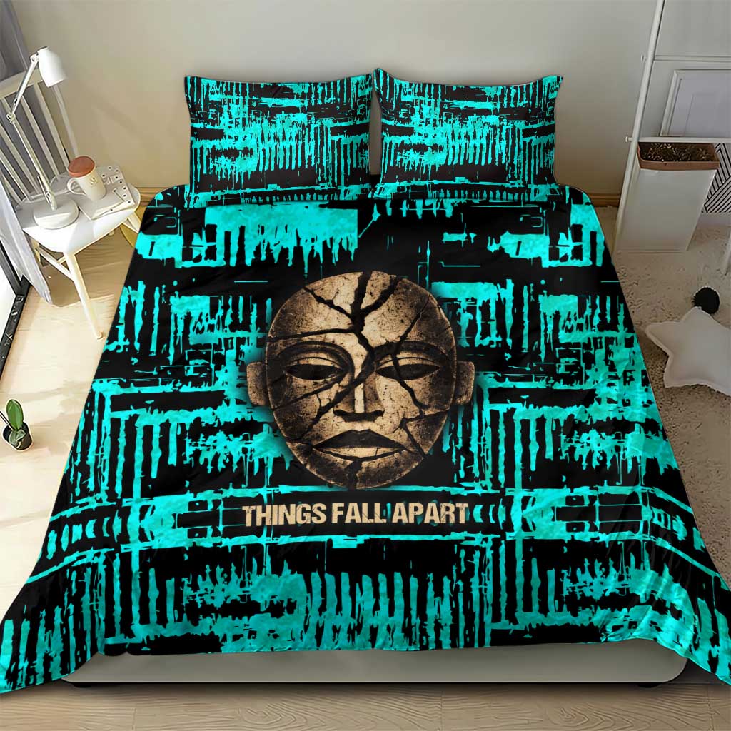 Chinua Achebe Bedding Set with Tribal Mask Design, Things Fall Apart Quote and Teal Abstract - Wonder Print Shop