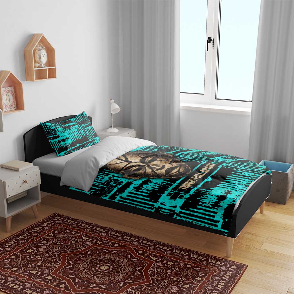 Chinua Achebe Bedding Set with Tribal Mask Design, Things Fall Apart Quote and Teal Abstract - Wonder Print Shop