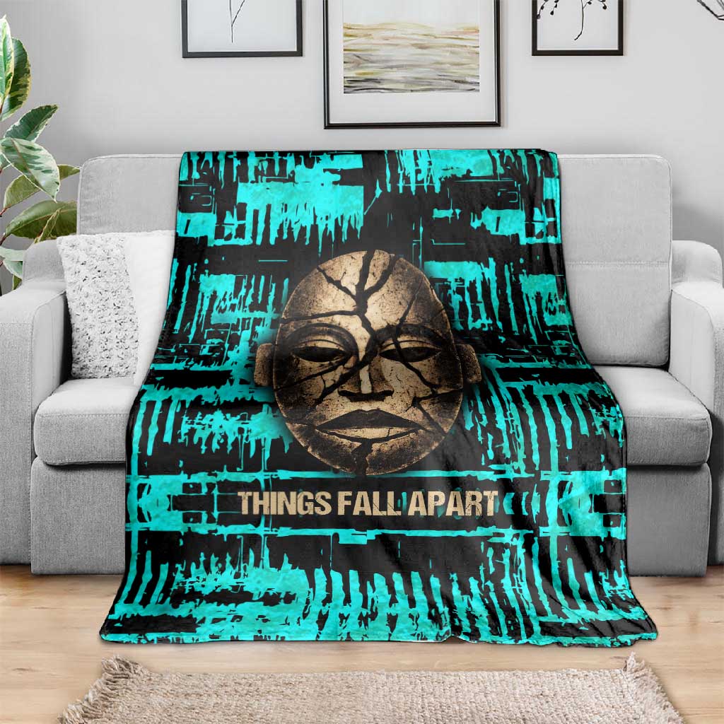 Chinua Achebe Blanket with Tribal Mask Design, Things Fall Apart Quote and Teal Abstract - Wonder Print Shop