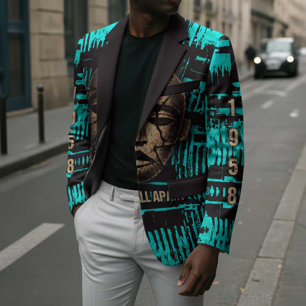 Chinua Achebe Blazer with Tribal Mask Design, Things Fall Apart Quote and Teal Abstract - Wonder Print Shop