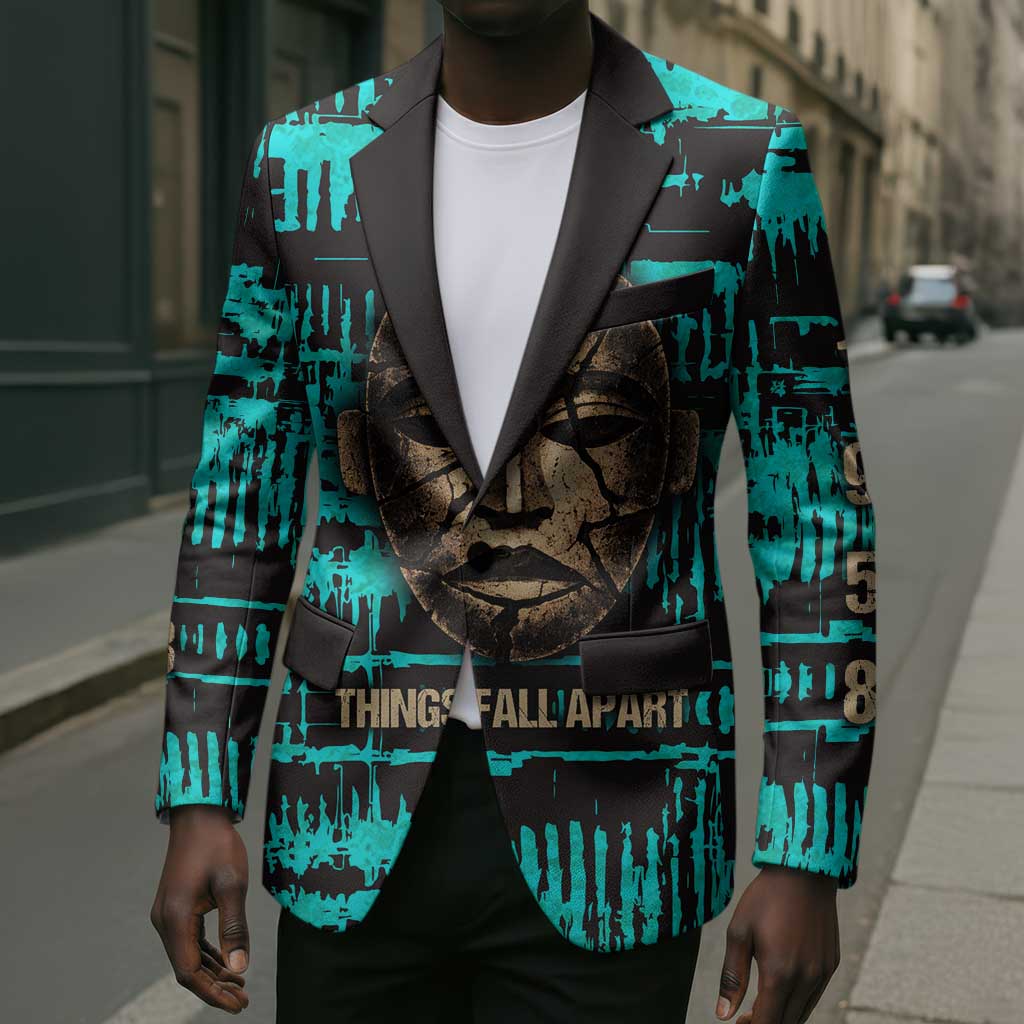 Chinua Achebe Blazer with Tribal Mask Design, Things Fall Apart Quote and Teal Abstract - Wonder Print Shop