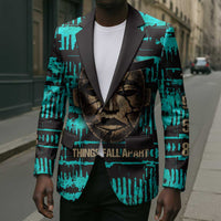 Chinua Achebe Blazer with Tribal Mask Design, Things Fall Apart Quote and Teal Abstract - Wonder Print Shop