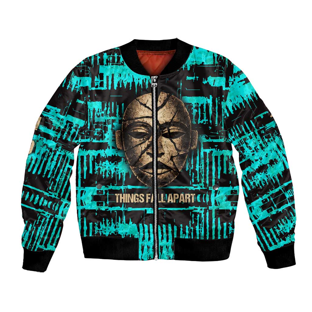Chinua Achebe Bomber Jacket with Tribal Mask Design, Things Fall Apart Quote and Teal Abstract - Wonder Print Shop