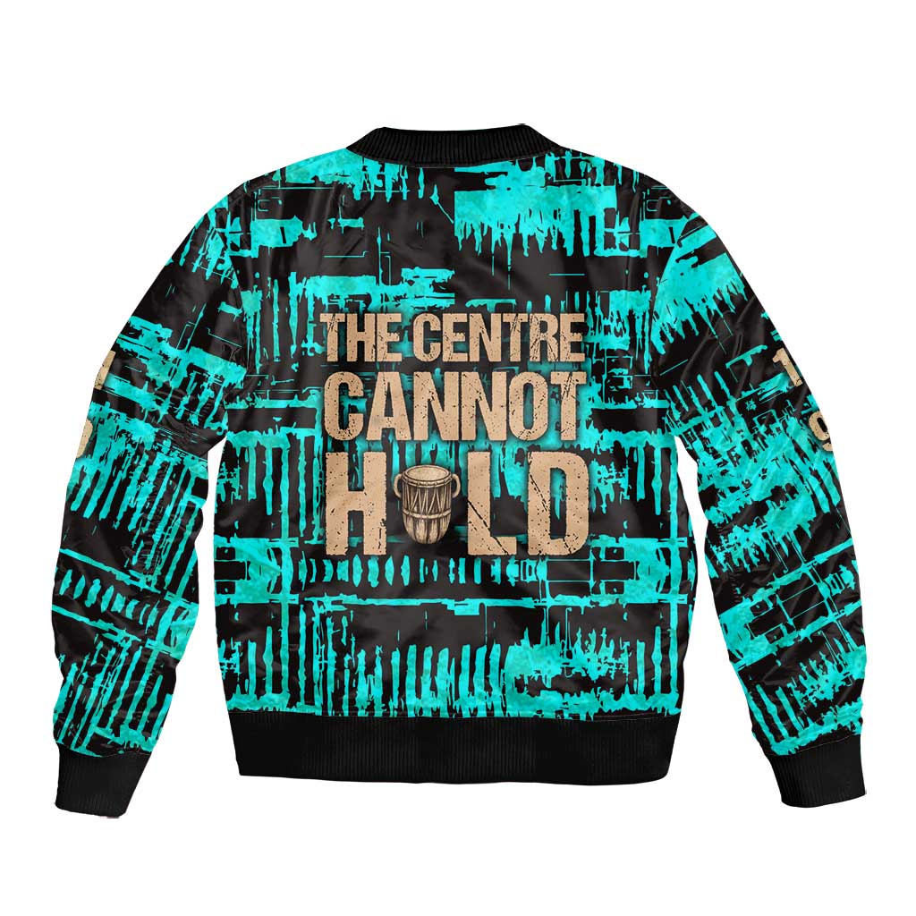 Chinua Achebe Bomber Jacket with Tribal Mask Design, Things Fall Apart Quote and Teal Abstract - Wonder Print Shop