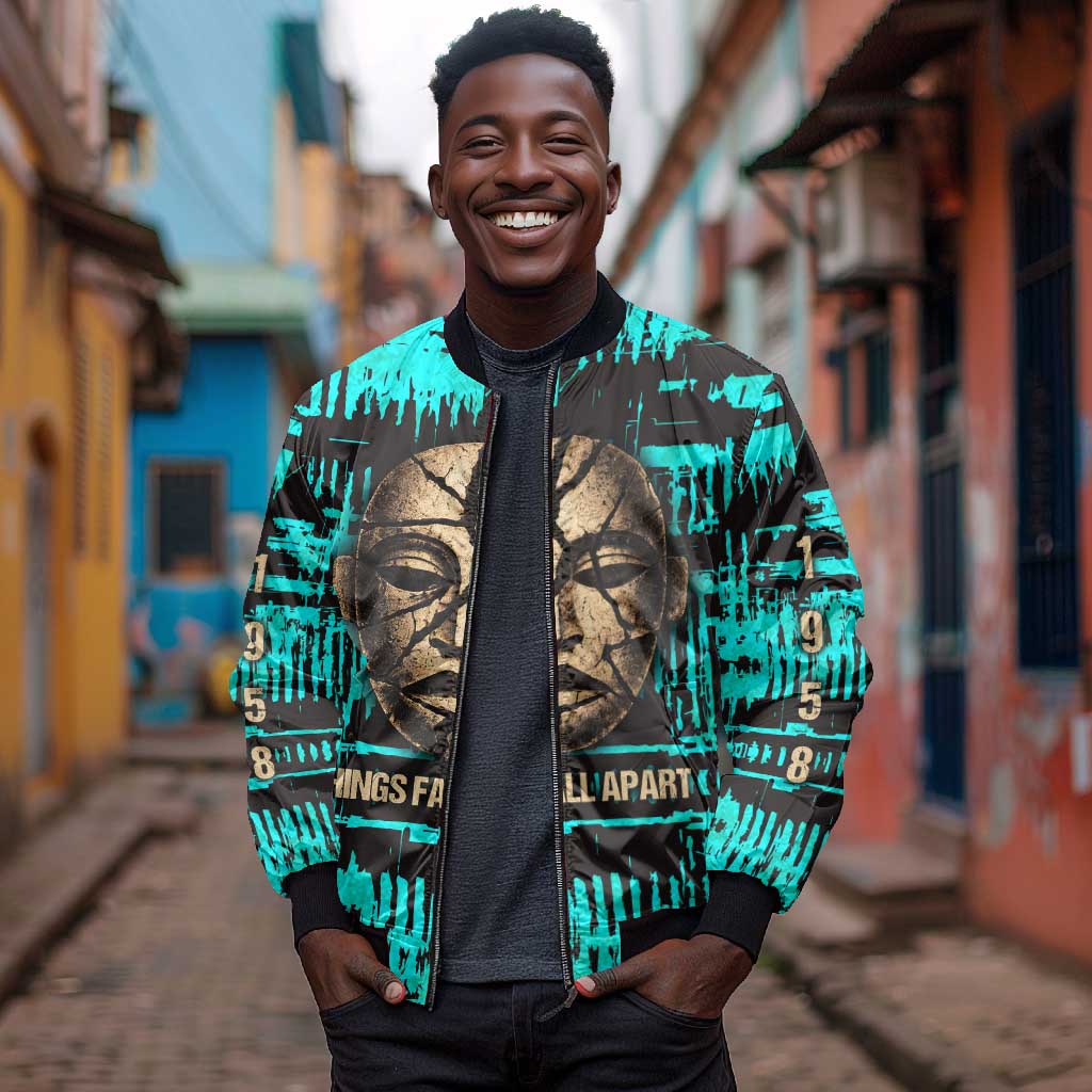 Chinua Achebe Bomber Jacket with Tribal Mask Design, Things Fall Apart Quote and Teal Abstract - Wonder Print Shop