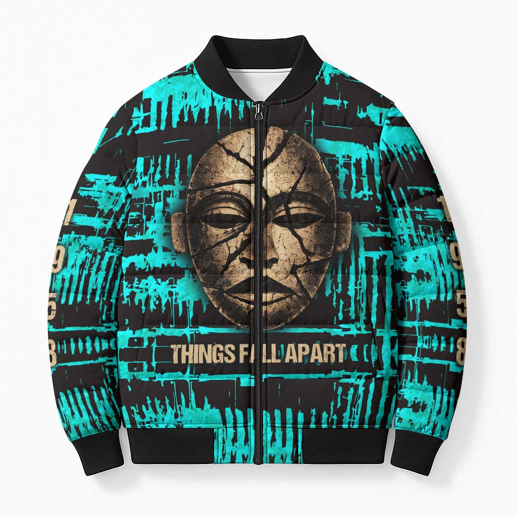 Chinua Achebe Bomber Puffer Jacket with Tribal Mask Design, Things Fall Apart Quote and Teal Abstract - Wonder Print Shop