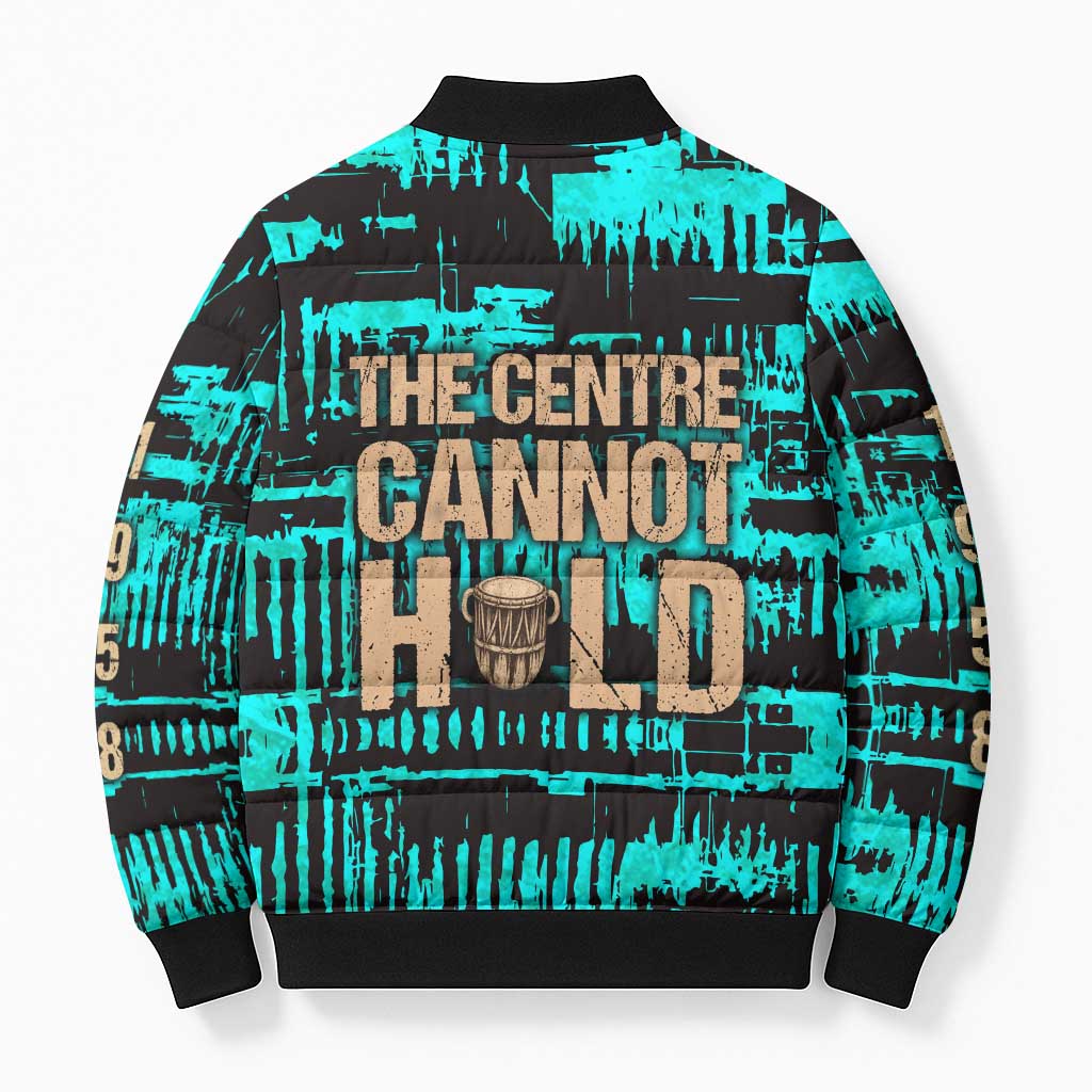Chinua Achebe Bomber Puffer Jacket with Tribal Mask Design, Things Fall Apart Quote and Teal Abstract - Wonder Print Shop