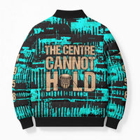 Chinua Achebe Bomber Puffer Jacket with Tribal Mask Design, Things Fall Apart Quote and Teal Abstract - Wonder Print Shop