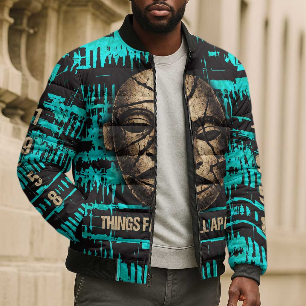 Chinua Achebe Bomber Puffer Jacket with Tribal Mask Design, Things Fall Apart Quote and Teal Abstract - Wonder Print Shop