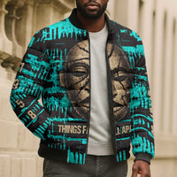Chinua Achebe Bomber Puffer Jacket with Tribal Mask Design, Things Fall Apart Quote and Teal Abstract - Wonder Print Shop