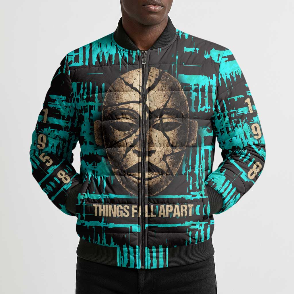 Chinua Achebe Bomber Puffer Jacket with Tribal Mask Design, Things Fall Apart Quote and Teal Abstract - Wonder Print Shop