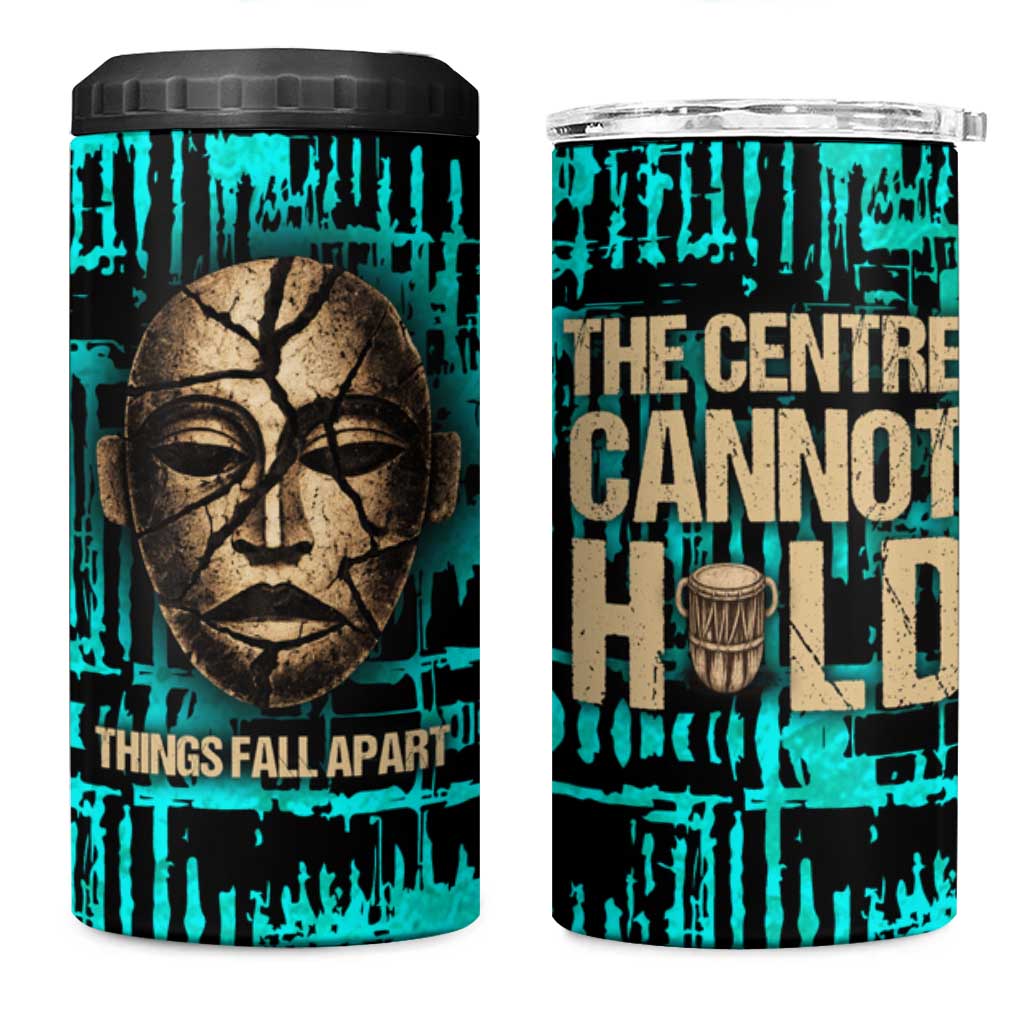 Chinua Achebe 4 in 1 Can Cooler Tumbler with Tribal Mask Design, Things Fall Apart Quote and Teal Abstract - Wonder Print Shop