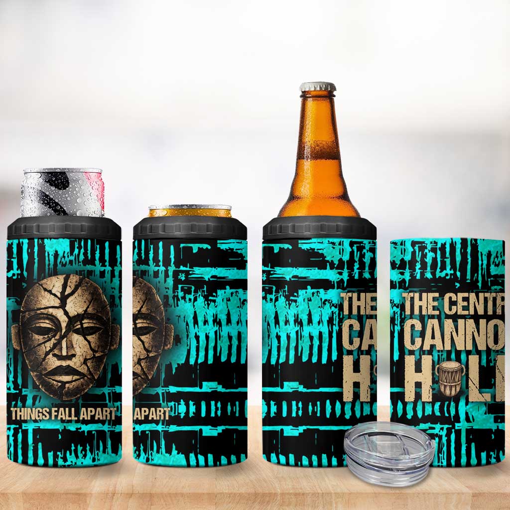 Chinua Achebe 4 in 1 Can Cooler Tumbler with Tribal Mask Design, Things Fall Apart Quote and Teal Abstract - Wonder Print Shop