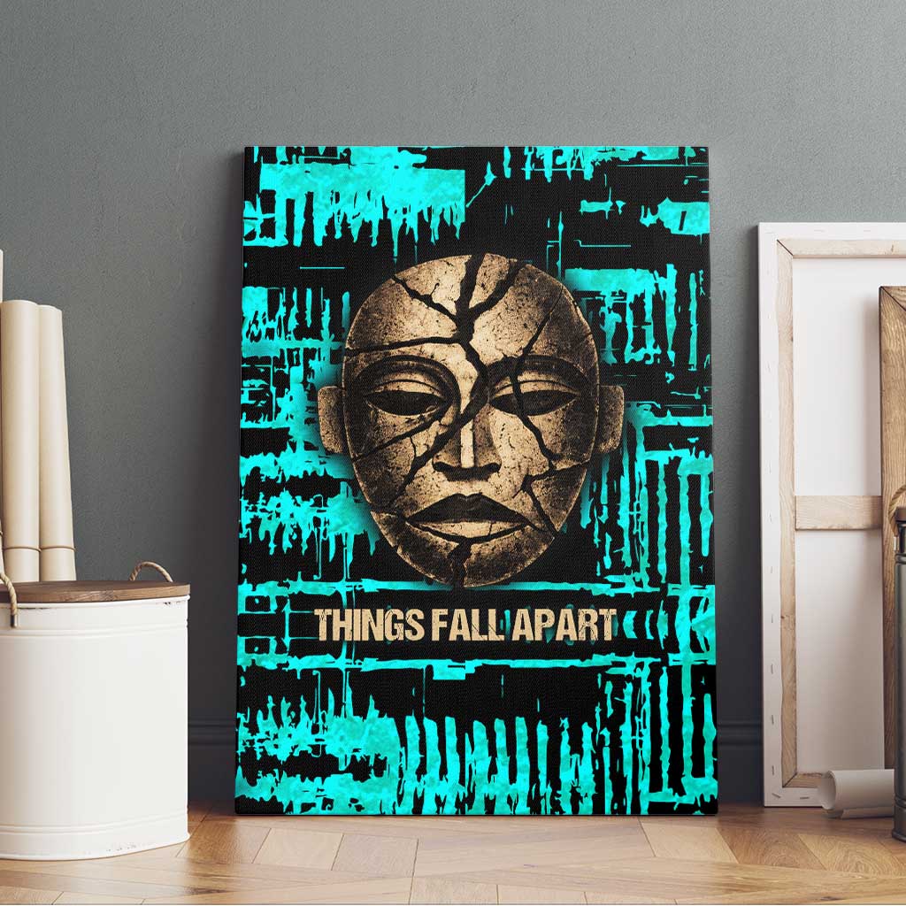 Chinua Achebe Canvas Wall Art with Tribal Mask Design, Things Fall Apart Quote and Teal Abstract - Wonder Print Shop