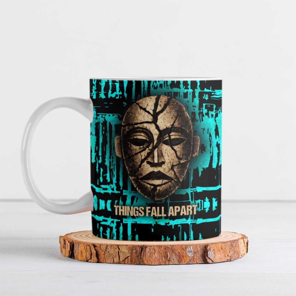 Chinua Achebe Ceramic Mug with Tribal Mask Design, Things Fall Apart Quote and Teal Abstract - Wonder Print Shop