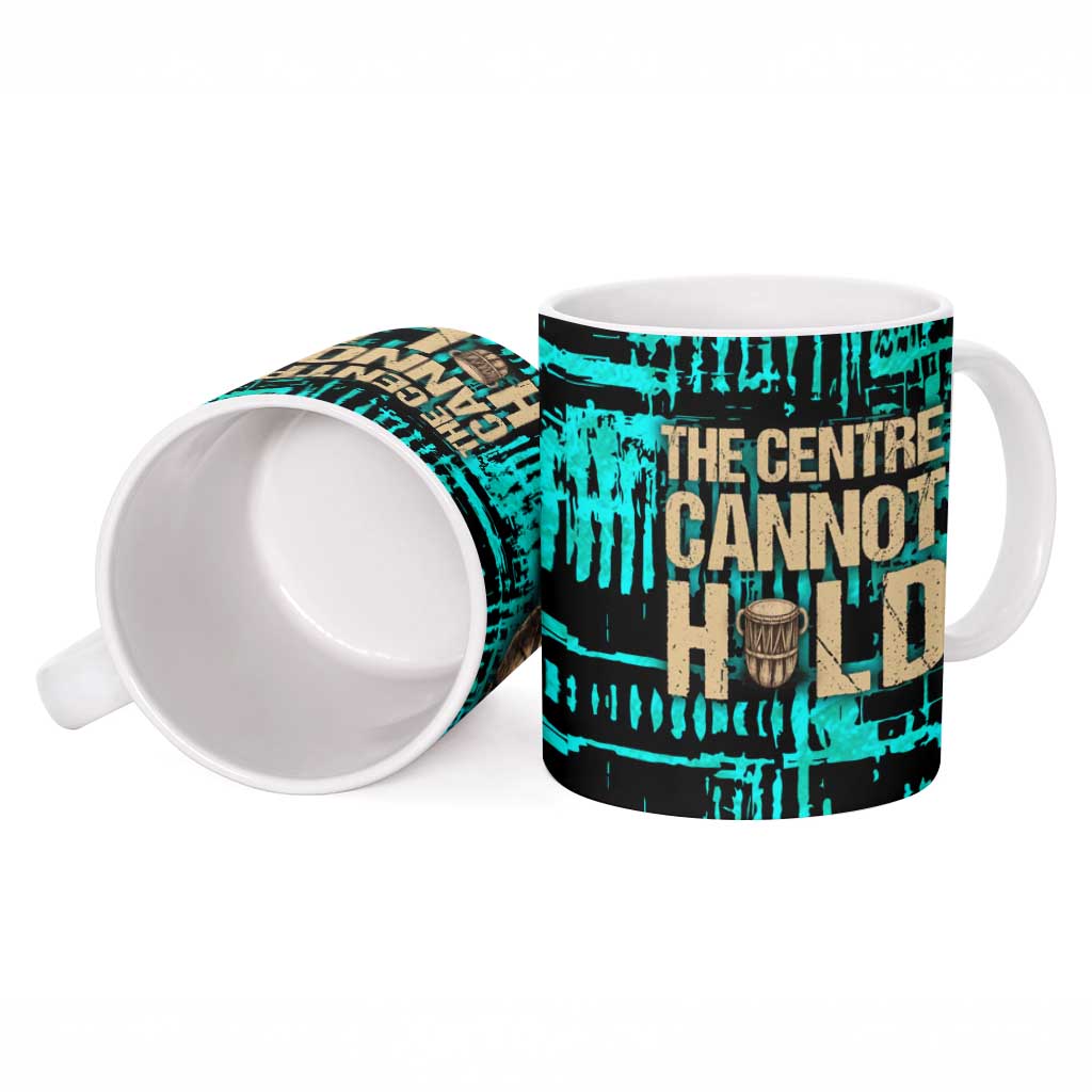 Chinua Achebe Ceramic Mug with Tribal Mask Design, Things Fall Apart Quote and Teal Abstract - Wonder Print Shop