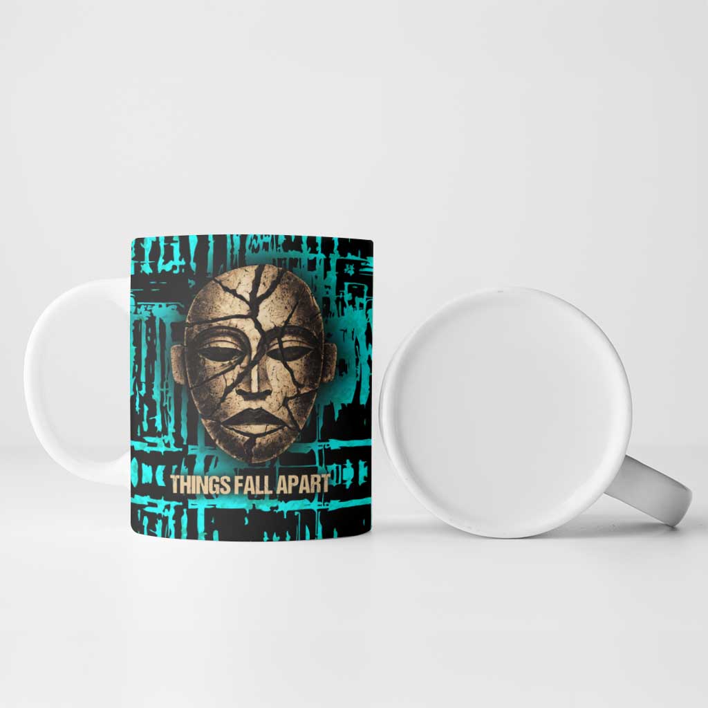 Chinua Achebe Ceramic Mug with Tribal Mask Design, Things Fall Apart Quote and Teal Abstract - Wonder Print Shop