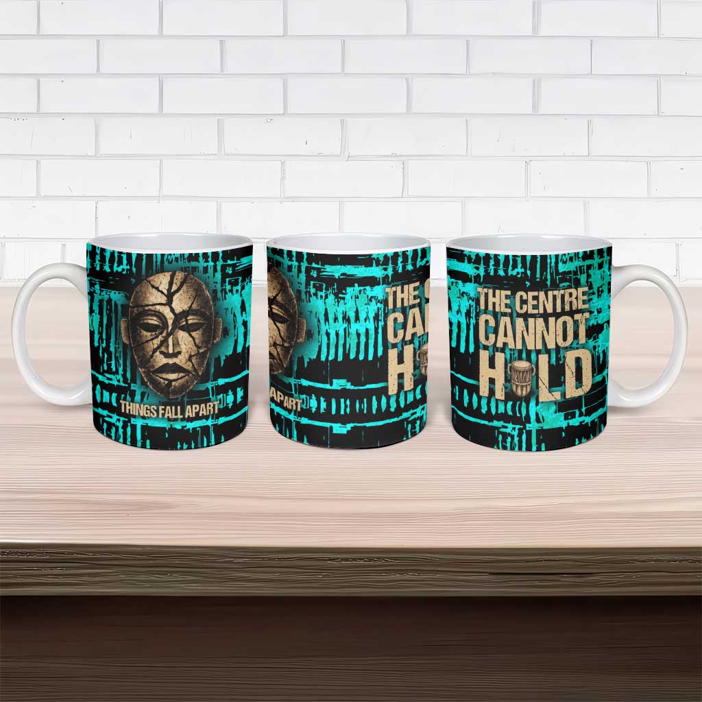Chinua Achebe Ceramic Mug with Tribal Mask Design, Things Fall Apart Quote and Teal Abstract - Wonder Print Shop