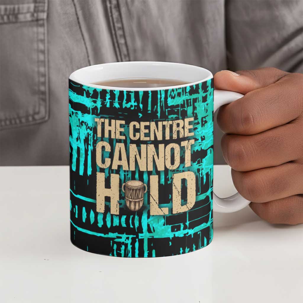 Chinua Achebe Ceramic Mug with Tribal Mask Design, Things Fall Apart Quote and Teal Abstract - Wonder Print Shop