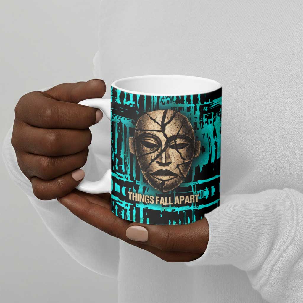 Chinua Achebe Ceramic Mug with Tribal Mask Design, Things Fall Apart Quote and Teal Abstract - Wonder Print Shop