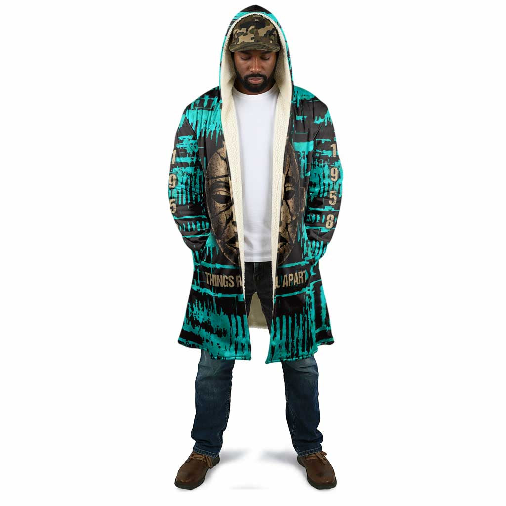 Chinua Achebe Cloak with Tribal Mask Design, Things Fall Apart Quote and Teal Abstract - Wonder Print Shop