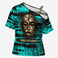 Chinua Achebe Cross Shoulder Shirt with Tribal Mask Design, Things Fall Apart Quote and Teal Abstract - Wonder Print Shop
