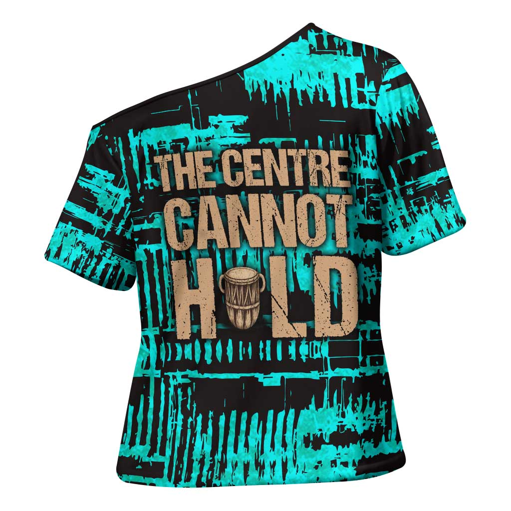 Chinua Achebe Cross Shoulder Shirt with Tribal Mask Design, Things Fall Apart Quote and Teal Abstract - Wonder Print Shop